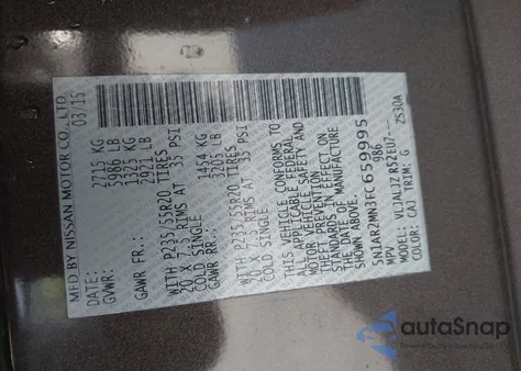 2015 Nissan Pathfinder Platinum z USA, uszkodzony, nr VIN 5N1AR2MN3FC659995